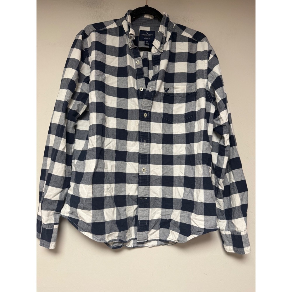 American Eagle Shirt Mens Large Navy White Buffalo Check Classic Fit Cotton 8378
